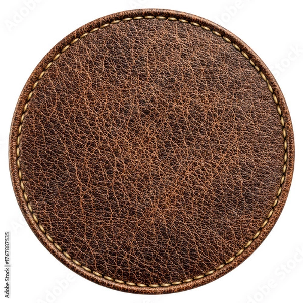 Fototapeta A round piece of textured brown leather with a finely stitched edge isolated on a plain , isolated on transparent background, perfect cutout, PNG