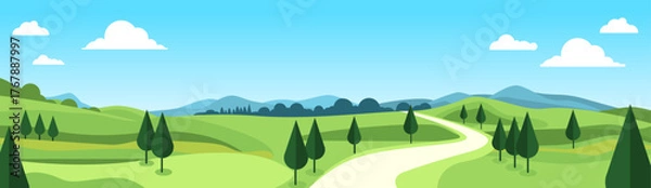 Fototapeta Rolling Green Hills with Winding Path – Peaceful Nature Illustration