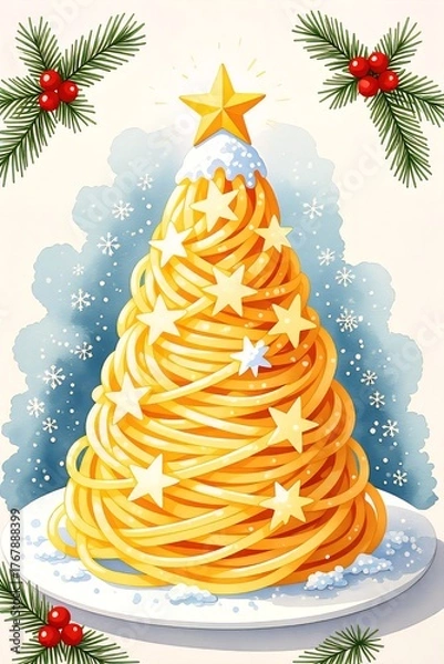 Fototapeta Unique holiday tree design made of pasta, featuring stars and holly, capturing the playful spirit of festive celebrations
