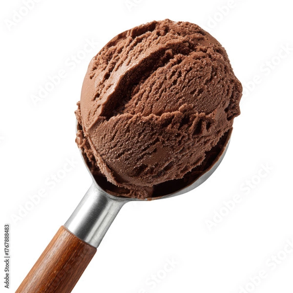 Fototapeta A single scoop of rich textured chocolate ice cream held in a classic metal scooper with a wooden handle against a , isolated on transparent background, perfect cutout, PNG