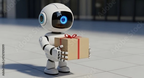 Fototapeta A white robot with a blue eye holding a gift box with a red ribbon on a light colored surface