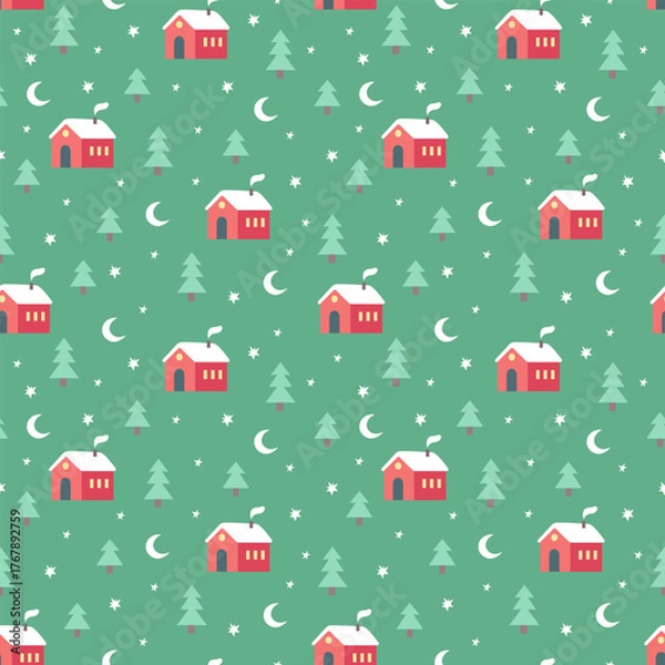 Fototapeta Vintage winter seamless pattern with cute houses stars trees and snowflakes. Cute Christmas design, Scandinavian style background. Vector illustration	