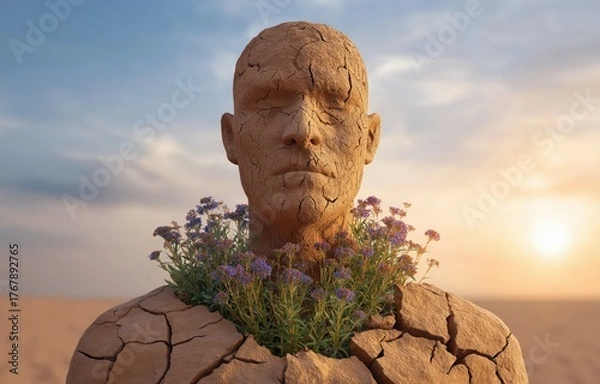 Fototapeta Mental health stigma breaking hope with a clay statue growing flowers in a desert at sunset