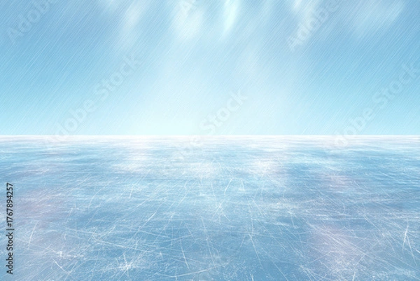 Obraz Ice rink scratched surface with realistic texture. Empty light blue background, horizontal hd banner. Vector template for hockey, figure skating or curling illustration, winter sport design, print.