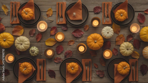Fototapeta Halloween table setting with pumpkins candles autumn festive decoration