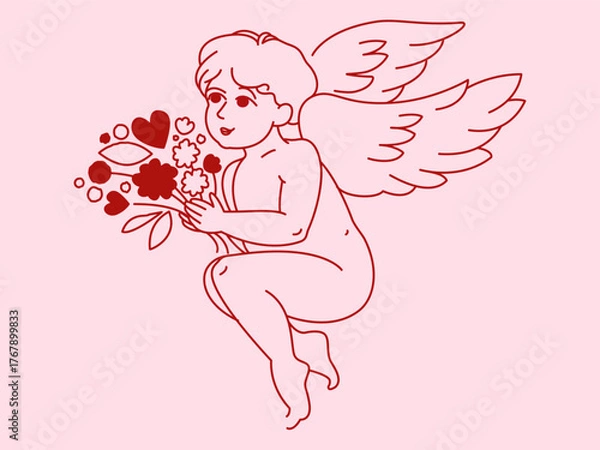 Fototapeta A charming Cupid holding a bouquet of flowers. A boy with angel wings. A whimsical vector illustration on a pink background. Line art for design. Romantic atmosphere.