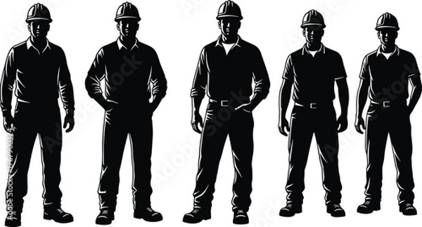 Fototapeta WebConstruction worker silhouettes, safety helmet, uniform pose set, black white vector, cad drawing illustration pack