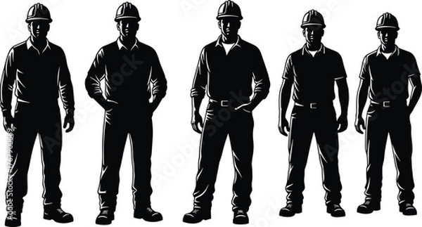 Fototapeta WebConstruction worker silhouettes, safety helmet, uniform pose set, black white vector, cad drawing illustration pack