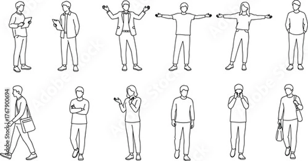 Fototapeta WebStanding walking pose silhouette, casual outfit gesture set, black white vector, cad drawing illustration pack