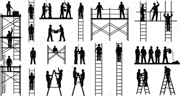 Fototapeta WebConstruction workers on ladder and scaffold, safety gear, teamwork, black white vector, cad drawing illustration set