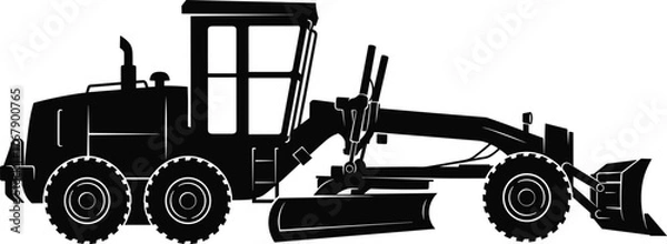 Fototapeta WebMotor grader silhouette, construction equipment, road leveling machine, black white vector, cad drawing flat illustration