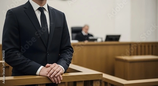 Fototapeta Businessman standing in courtroom witness stand with judge in background