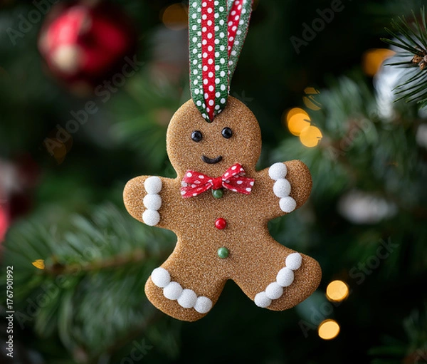 Fototapeta  Gingerbread man ornament hanging on the christmas tree
