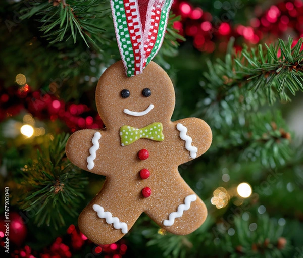 Fototapeta  Gingerbread man ornament hanging on the christmas tree