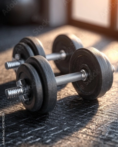 Obraz Pair Of Black Dumbbells On Dark Surface