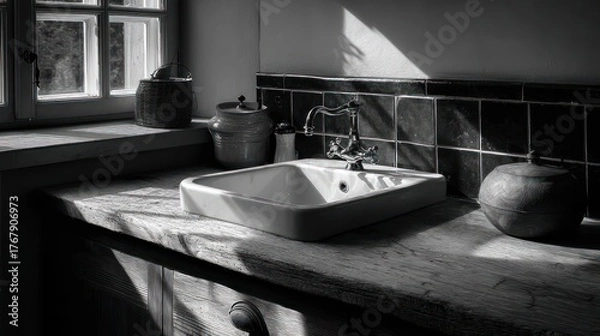Obraz A grayscale image of a rustic sink area