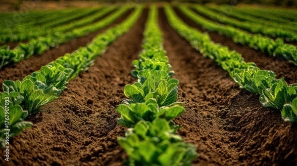 Obraz Rows of young green leafy plants in rich brown soil