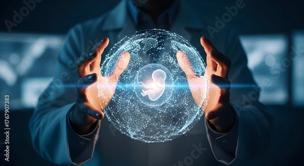 Fototapeta Scientist cradles glowing embryo within digital network globe, symbolizing life science innovation