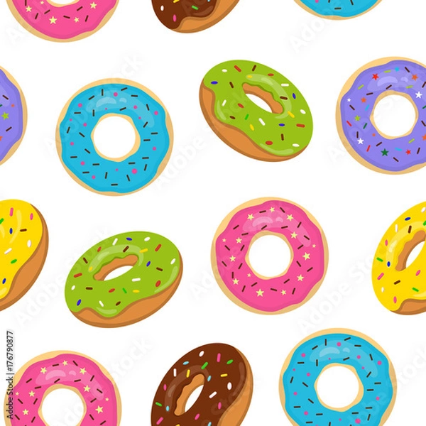 Fototapeta Vector seamless pattern with colorful glazed donuts. Sweet bakery with sprinkles on white background