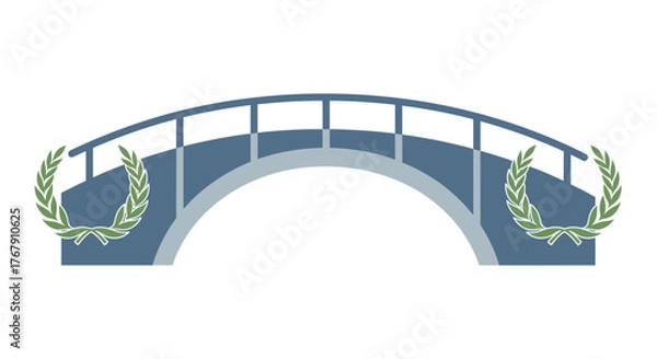 Fototapeta A detailed illustration of a blue arched bridge with decorative laurel wreaths on each side.