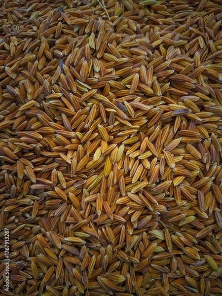 Obraz "Close-up view of fresh paddy reveals the natural texture of the rice grains before milling. Suitable for agricultural or educational content."