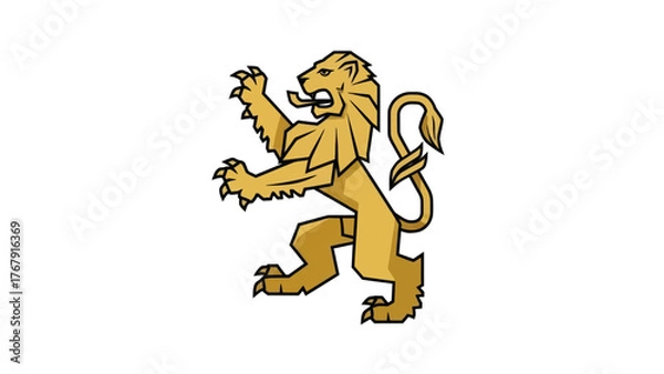 Fototapeta A regal lion depicted in a heraldic style, standing in profile on a white background