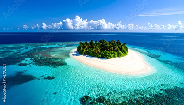 Fototapeta Tropical Island Paradise: An idyllic scene unfolds with a secluded island embraced by the turquoise embrace of a tranquil ocean, promising serenity and escape.