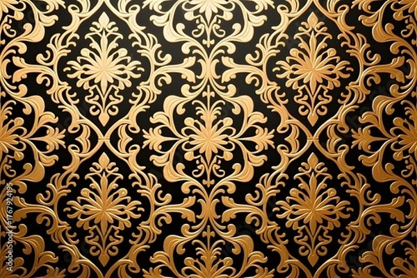 Fototapeta Seamless elegant black and gold luxury damask pattern ornate vintage wallpaper