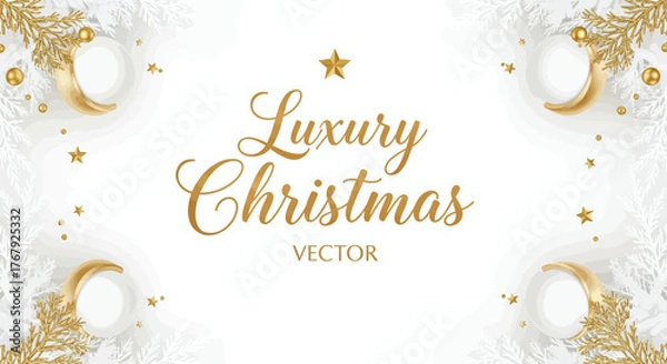 Obraz Elegant Christmas Vector Background with Golden Holiday Ornaments and Sparkling White Branches, Perfect for Festive Seasonal Greetings and Luxury Celebrations