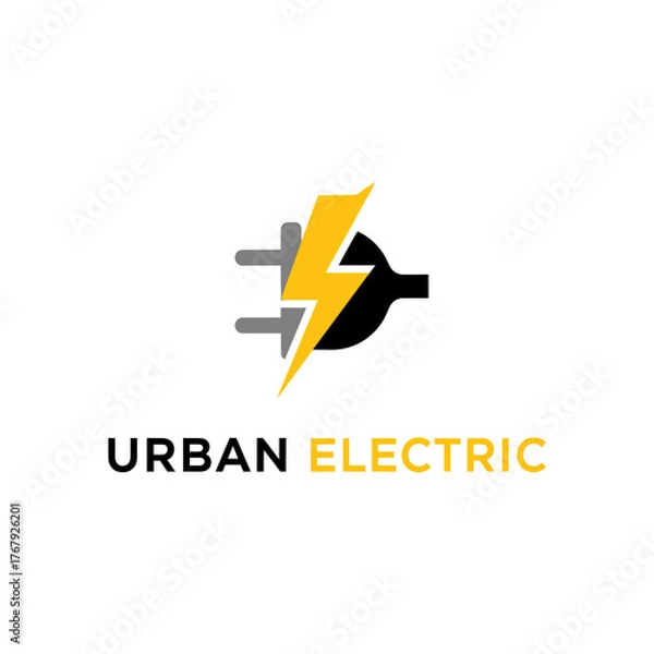 Obraz A logo design depicts a black and grey plug with a yellow lightning bolt, and text below