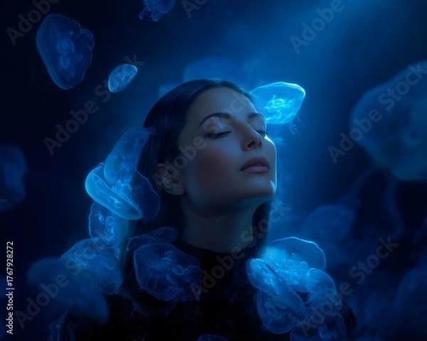 Fototapeta Philosophical art expression - Dreamlike Portrait of Woman Among Glowing Jellyfish in Blue Light - creative theme