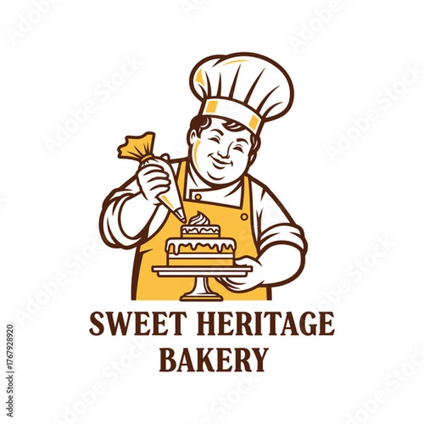 Obraz A smiling chef decorates a cake with icing, wearing a hat and apron; bakery theme