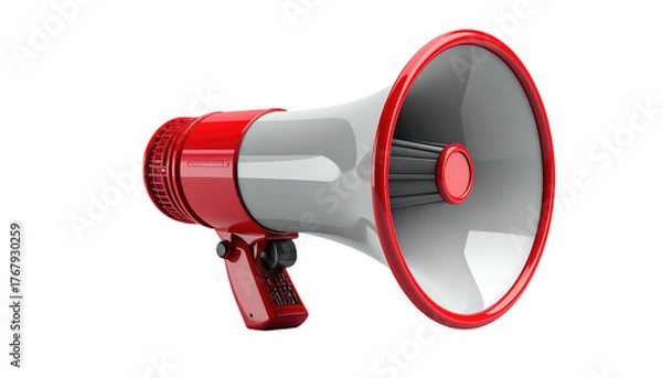 Obraz Red and white megaphone with detailed grooves and texture, floating in front of a stark black background