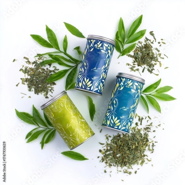 Fototapeta Creative imagination concept - Herbal Tea Packaging with Leafy Design and Loose Tea Leaves - symbolic design