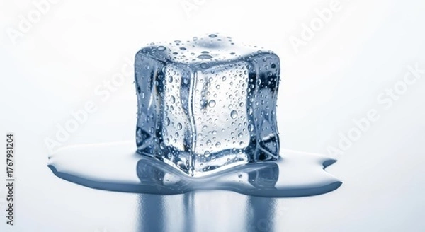 Fototapeta A single ice cube melting on a reflective surface with water droplets.