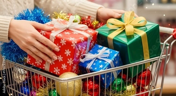 Fototapeta Woman's hands arranging a shopping cart full of colorful wrapped Christmas presents and tinsel.