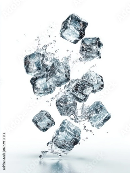 Fototapeta splashing ice cubes scattered in midair dynamic motion effect isolated on white background
