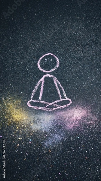 Fototapeta Symbolic visual storytelling - Chalk Drawing of Meditating Figure with Colorful Powder on Pavement - conceptual art