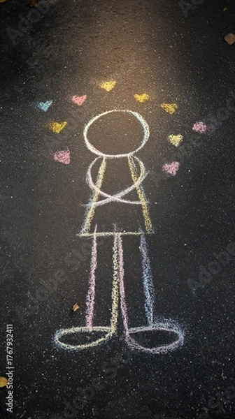Fototapeta Symbolic visual storytelling - Colorful Chalk Drawing of a Child on Pavement with Heart Accents - creative design