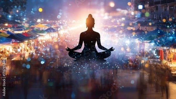 Fototapeta Symbolic visual storytelling - Meditative Zen Silhouette Over Vibrant Night Market Scene - symbolic idea