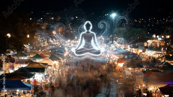 Fototapeta Symbolic visual storytelling - Illuminated Meditation Figure Over Vibrant Night Market - creative design
