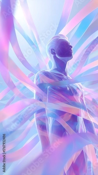 Fototapeta Parametric minimal abstraction - Futuristic Abstract Art: Transparent Human Figure with Colorful Ribbons - modern art design