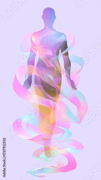 Fototapeta Parametric minimal abstraction - Ethereal Human Silhouette with Colorful Abstract Swirl and Light Effects - abstract artwork