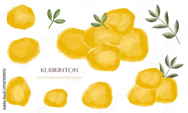 Fototapeta 栗きんとん（おせち料理）の水彩タッチイラストセット