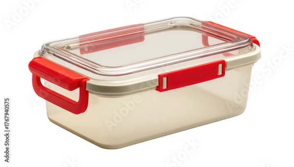 Fototapeta Rectangular plastic container with red latches and a clear lid, angled slightly on a black background