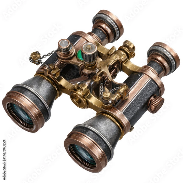 Fototapeta Ornate binoculars with metallic finish, featuring intricate gears, copper accents, and green adjustment knobs on dark background
