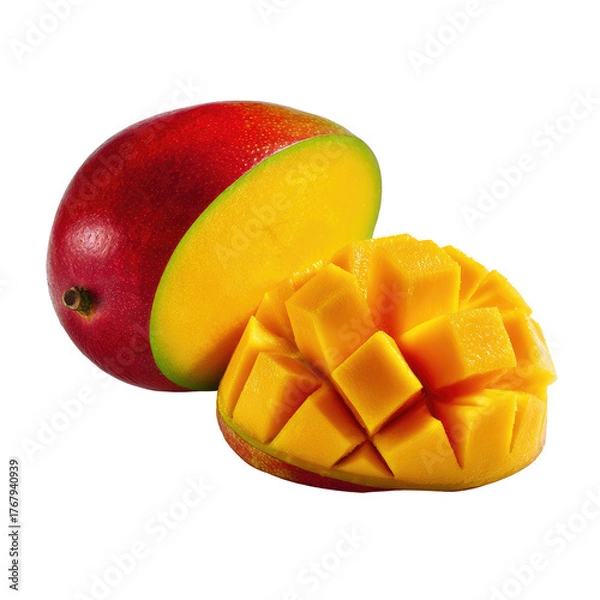 Fototapeta Vibrant mango, partially sliced, displaying juicy, cubed flesh, against a solid, dark background