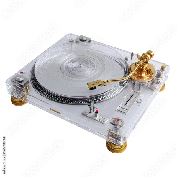 Fototapeta Transparent turntable with gold accents spinning a white record, isolated on a black background, showcasing its design