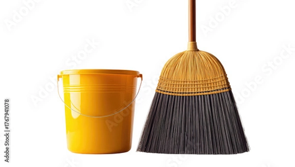 Fototapeta Cleaning scene, bright yellow bucket beside a corn broom with a wooden handle, depicted against black