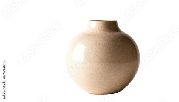 Fototapeta Simple, beige ceramic vase with curved body, on a black background, brightly lit